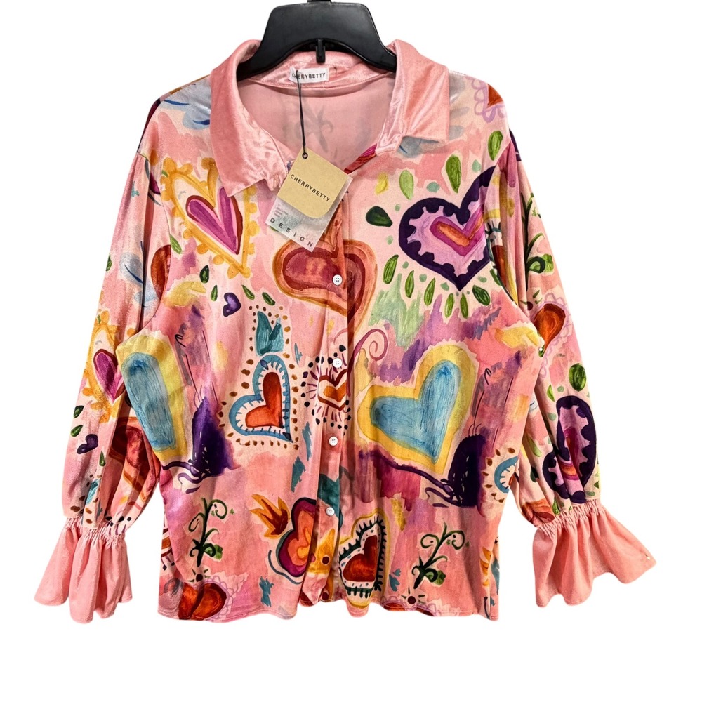 CherryBetty Heart Print Velvet Shirt Women 2XL Pink Bell Sleeve Artsy Whimsical